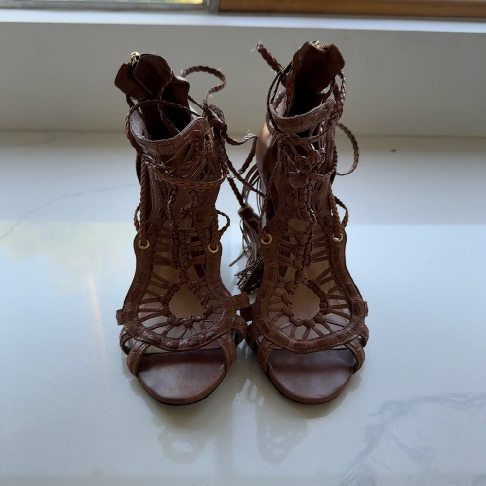 SCHUTZ Braided Strappy Brown Lace-Up Heels